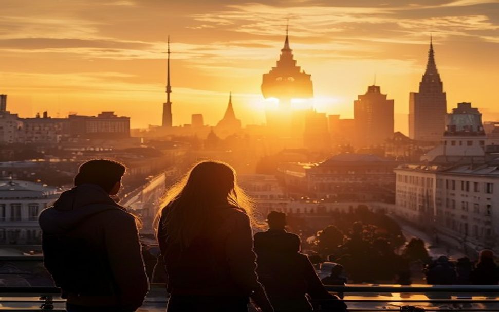 a modern city skyline at sunset في ألمانيا