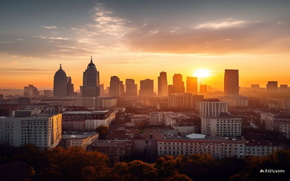 a modern city skyline at sunset في الولايات المتحدة