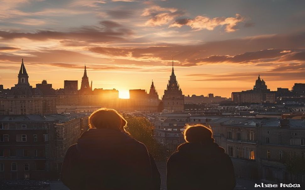 a modern city skyline at sunset في