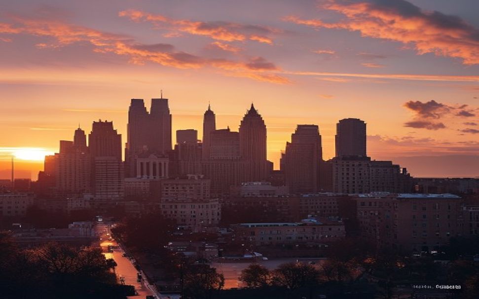 a modern city skyline at sunset في الولايات المتحدة