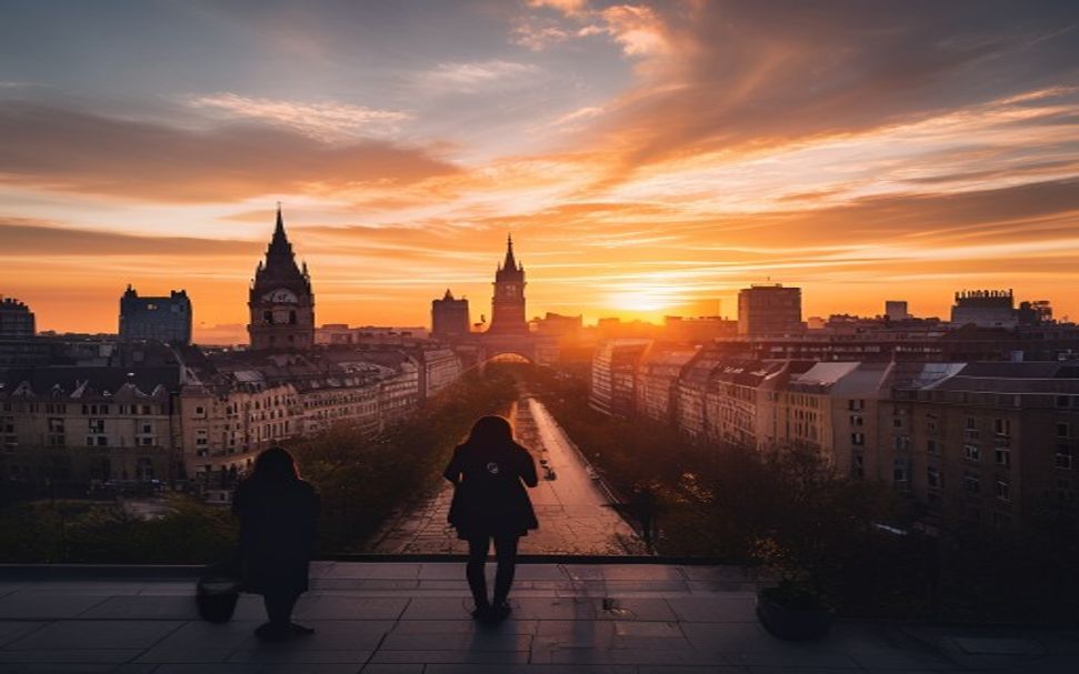 a modern city skyline at sunset في