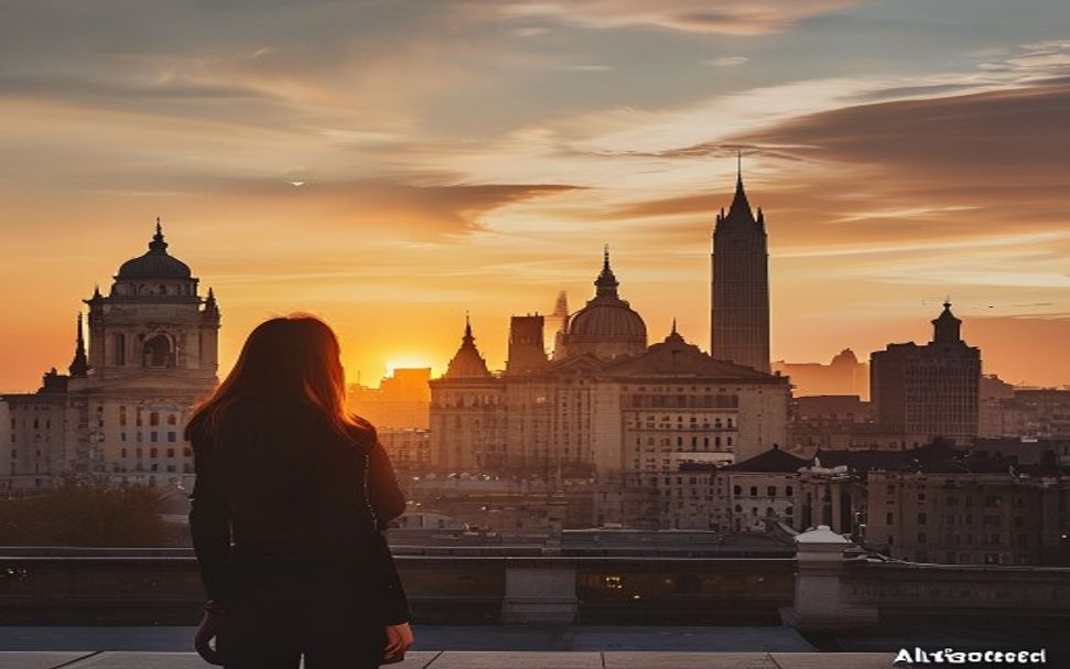 a modern city skyline at sunset في إيطاليا