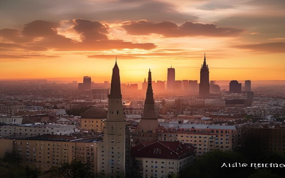 a modern city skyline at sunset في إسبانيا